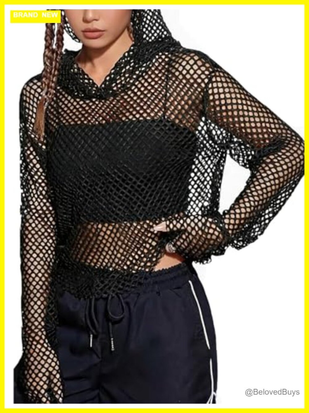 Avidlove Fishnet Hoodie Top Long Sleeve Rave Clubwear Cover Up